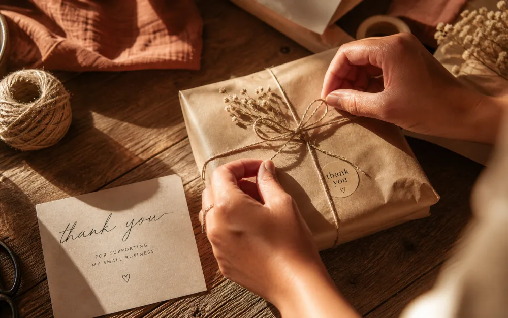 Hands wrapping a small parcel on a clean wooden surface