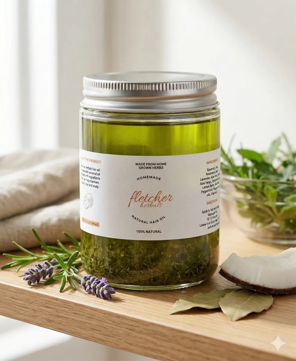 Fletcher Herbals — green herb oil jar with botanicals and label on a wooden surface